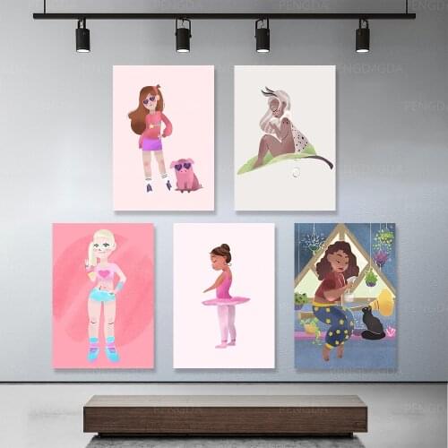 Cartoon Style Frame Painting Modular Little Girl Dog Cat Canvas Picture Poster Prints Modern Living Room Home Decor Wall Artwork