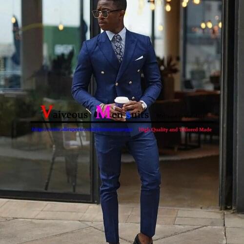 Mens Slim Fit Suits Casual Dark Blue 2 Piece Sets African Groom Tuxedo Formal Business Blazer Men (Jacket+Pants) Costume Homme