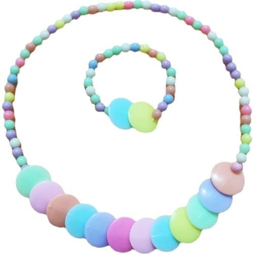 Pop Candy-colored Round Acrylic Beads Childrens Necklace Bracelet Set Fashion Jewelry Elasticity 60cm Length Necklace For Girl