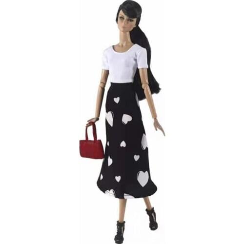 11.5" BJD Doll Clothes for Barbie Doll Outfits Set White T-shirt Top Black Love-heart Print Skirt 30cm Dollhouse Accessories Toy