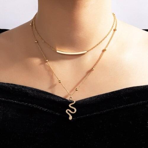 Docona Bohemia Gold Snake Pendant Necklace for Women Fashion Geometric Round Bead Metal Clavicle Chain Jewelry Collar 17905