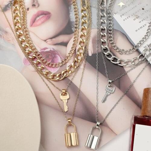 Punk Multi-layer Cuban Necklaces For Women Hip Hop Chunky Lock & Key Pendant Layered Cuban Chain Necklace Fashion Jewelry Gifts