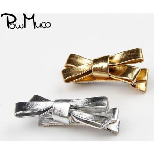 Powmuco 1 Pair Solid Color PU Bowknot Baby Hair Clips Handmade Bows Children Bangs Hairpins Birthday Gift Hairstyle Design Tools