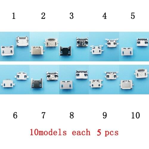 50pcs/lot 10 Models Micro USB Connector Common Charger Port Socket 5 Pin Female Jack Tablet Adapter For Samsung Huawei Vivo etc