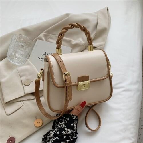Color Contrast Trapeze Twist Top Handle Bags For Women Luxury PU Leather Push-Lock Closure Small Shoulder Crossbody Bags 2021