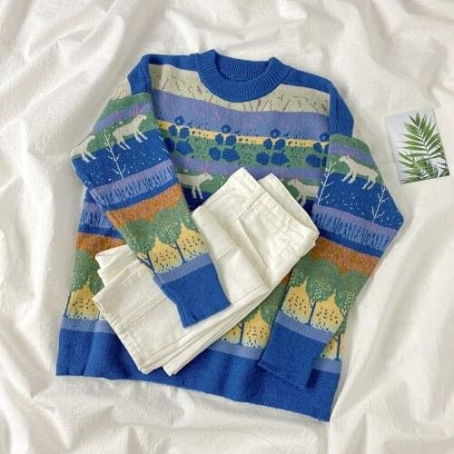 2020 new spring autumn printed sweater women loose long sleeve jumper korean woman vintage casual pullover knitted tops