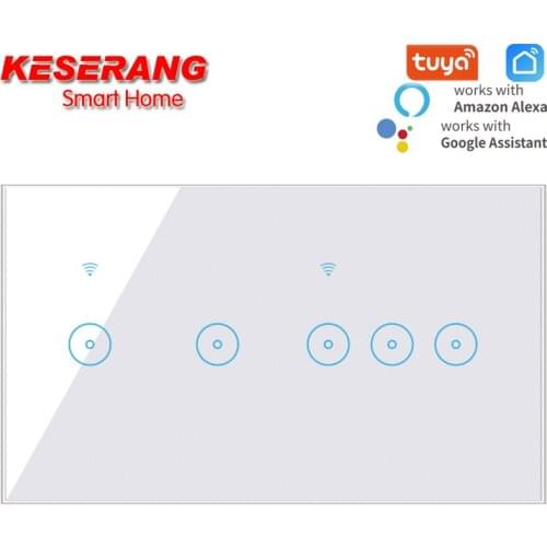 Tuya 5 Gang WiFi Smart Light Switch Glass Panel Compatible with Alexa Google Home Smart Wall Switch 10A 95-250V Timer Function