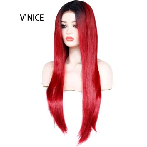VNICE High Temperature Fiber Wine Red Long Straight Black Ombre Burgundy Synthetic Lace Front Wig for Women Glueless Costume Wig
