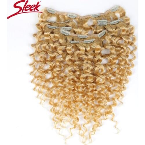 Sleek Hair 7Pcs Clip in Human Hair Extensions Brazilian Jerry Curl Honey Blonde #613 Colored Remy Hair Extension Clip