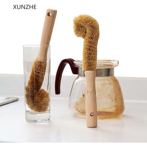 XUNZHE 1Pcs 24cm Natural Coconut Palm Cup Brush Oil-free Wooden Handle Glass Cup Brush Kitchen Cleaning Gadget