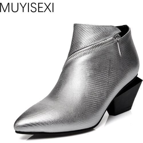Women genuine leather Pointed Toe zip irregular Square heels ankle boots Woman Winter Boots silver black 34-41 HL01 MUYISEXI