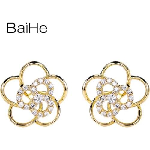 BAIHE Solid 14K White/Yellow/Rose Gold 0.10ct Natural Diamonds Fine Jewelry Trendy Flower detachable Stud Earrings серьги