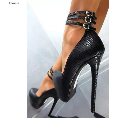 Olomm Handmade Women Platform Pumps Snake Ankle Strap Stiletto High Heels Round Toe Black Club Shoes Women Plus US Size 5-20