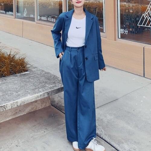 Streetwear Casual Blazer And Straight High Waist Pant Two Piece Suit Set Women Outfits 2021 Trend Clothes Female Pants Suits