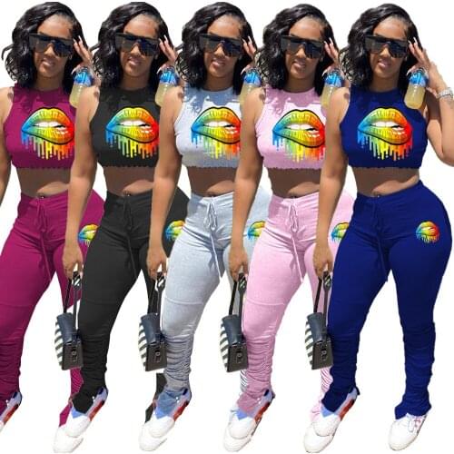 Women Two Piece Set Sleeveless Crop Top and Long Pants with Pleated Split Legs Printed Lip Summer Sexy Club Outfit Streetwear