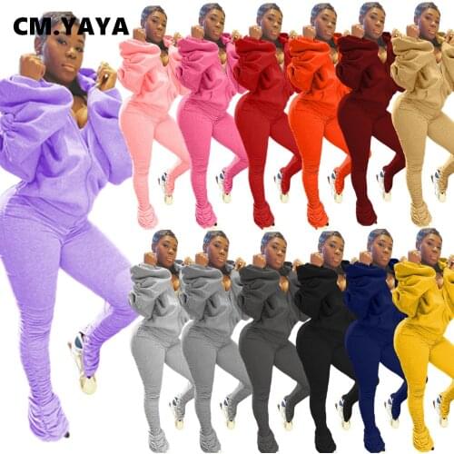 CM.YAYA Womens Set Open Back Hooded Puff Sleeve Tops Stacked Slit Pants Suit Active Wear Tracksuit Two Piece Set Fitness Outfit