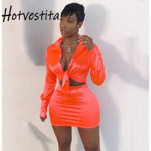 Hotvestita 2021 Spring Sexy Low Cut Lace Up Long Sleeve Crop Top Bodycon Mini Skirt Neon Two Piece Set Women Party Club Outfits