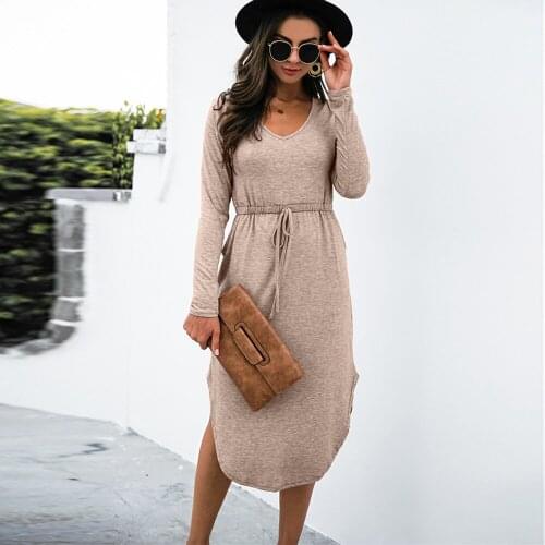 Women Elastic Waist Lace Up Split Irregular Dress Autumn V-Neck Long Sleeve Midi Dress Casual Lady Solid Slim Wrap Hips Vestidos