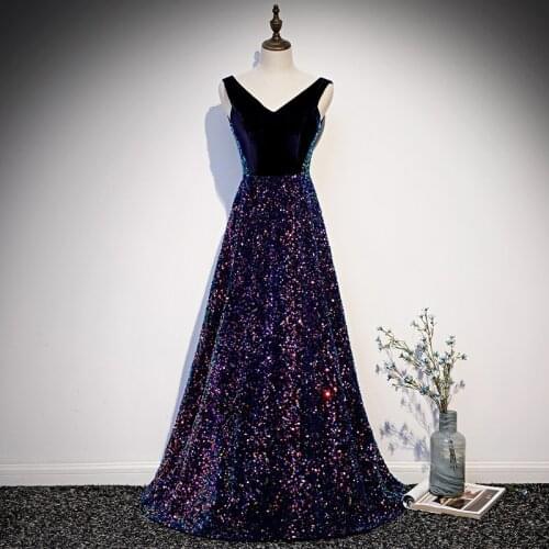 Navy Blue Evening Dresses A-Line Long Shiny Sequined Beading V-Neck Sleeveless Wedding Guest Formal Ceremony Prom Gowns New 2021