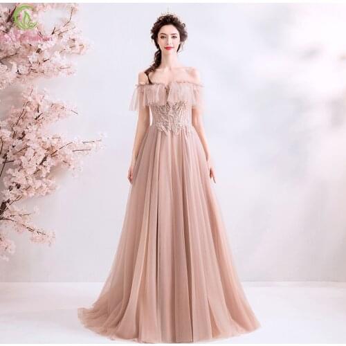 SSYFashion New Long Evening Dress Sweet Nude Pink Boat Neck Floor-length Lace Appliques Beading Formal Gowns Robe De Soiree