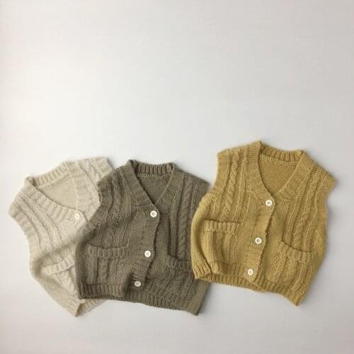 Toddler Girl Winter Clothes Knitted Sleeveless Boys Cardigan Vest Double Pocket Children Mohair Sweater Solid Color Waistcoat