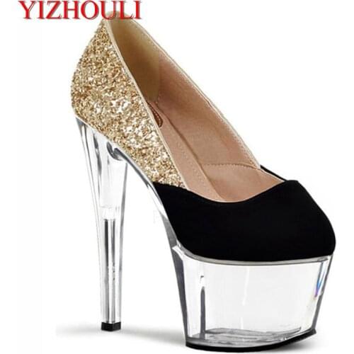 Gold bridal crystal high heels, sparkling high heels, women sequined dancing shoes 17cm