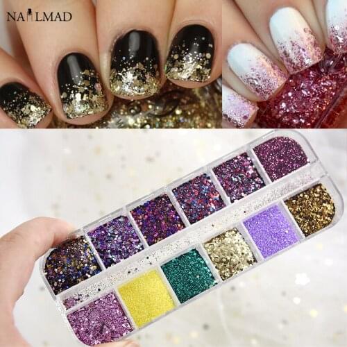 12colors/set Glitter Mix Acrylic Gel Nail Art Confetti Colorful Nail Sequins Glitter Powder Sets Tips Paillette Flakies Manicure