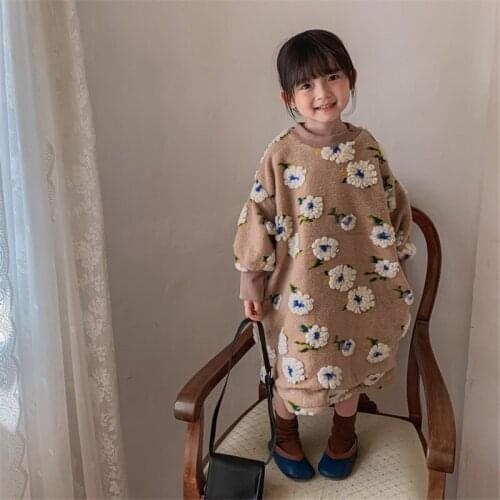 2021 Korea style girls floral thicken dress fashion cotton winter girls dresses kids clothes 1-7 years