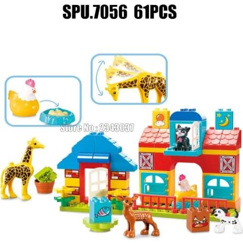 55010 61pcs Urban Happy Farm Pasture Animals Giraffe Deer Chicken Cat Dog Large Big Particle Building Block Toy