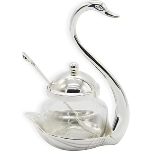 Aluminum alloy Condiment Pot Seasoning Container Spice Glass Jar Salt Sugar Bowl Pepper Coffee Storage Organizer Swan Rack Set S