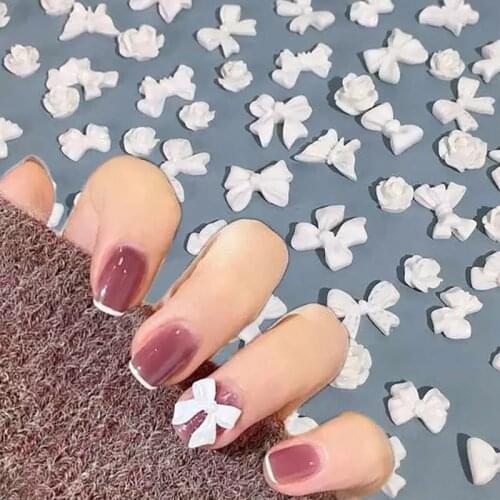 White Bow Knot Nail Art Decoration Flat Back Three Dimensional Resin Butterfly Mixed Shape Fashion Fingernail DIY Accessories