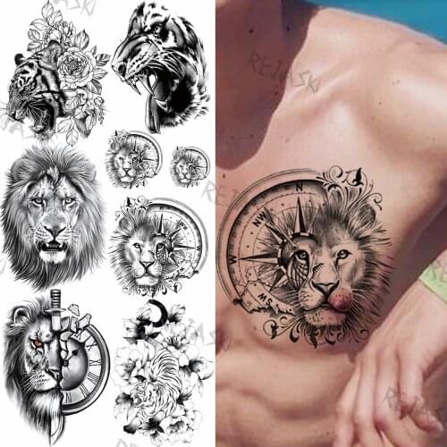 Black Compass Lion Compass Temporary Tattoos For Women Men Tiger Dagger Flora Fake Tattoo Dahlia Sticker Chest Tatoos Body