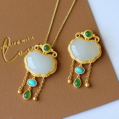 Natural Hetian White Jade Jasper Lace Lock of Good Wishes Pendant Vintage Design S925 Sterling Silver Ancient Silver Inlaid