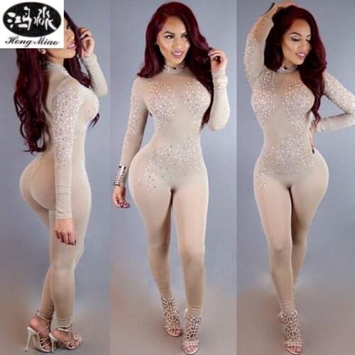 HongMiao 2018 sexy see through women club party bodysuit women sequined dot jumpsuit wine red black mesh jumpsuit long sleeve