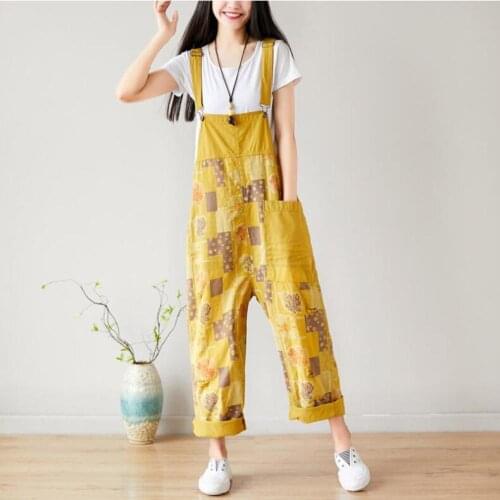 Literary Ladies Fashion Hole Denim Wide-leg Jumpsuit Summer New Floral Print Casual Distressed Jeans