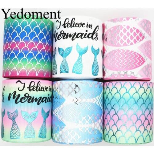 5 Yards 3'' 75MM Mermaid Foil Printed Grosgrain Ribbons For Hair Bows DIY Handmade Materials Y19101801