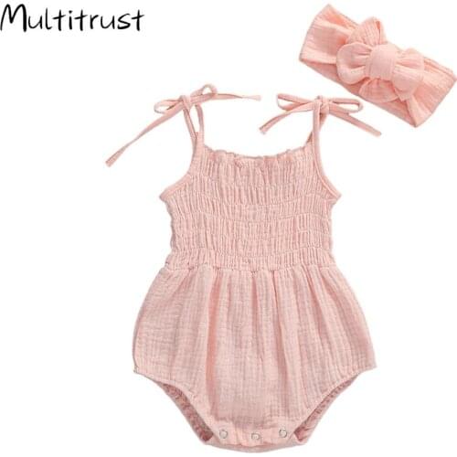 0-18M Cotton Linen Toddler Baby Boys Girls Summer Clothes Kids Sleeveless Sling Romper Jumpsuit Headband Playsuit