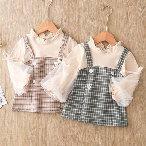 Infant Fashion Childrens Dresses Girls Spring Mesh Long-sleeved Blouse Stitching Plaid Strap Dress