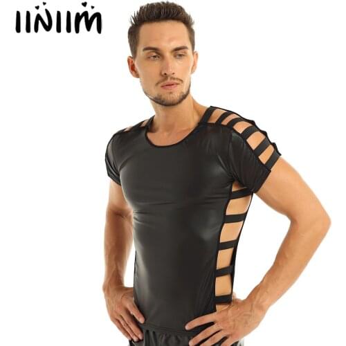 Iiniim Mens Soft Fashion Party Faux Leather Night Clubwear Costume Cut Out Elastic Band Fashion Pullover Muscle T-shirt Tops