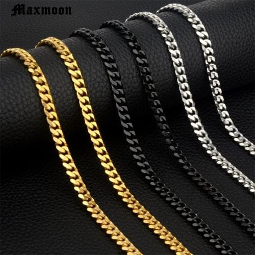 MAXMOON Mens Necklaces Chains Stainless Steel Black Gold Silver Color Necklace for Men Women Curb Cuban Jewelry 3/5/7mm
