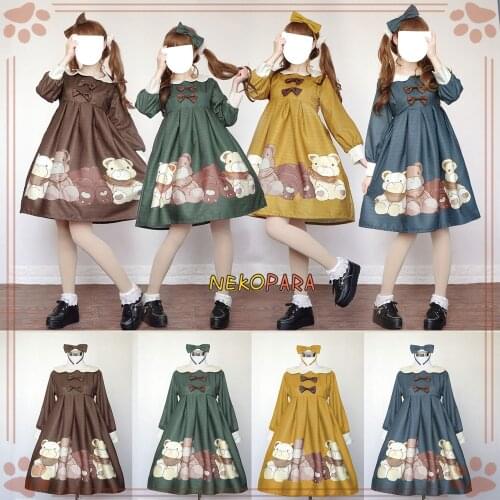 Super Cute Soft Bear Printing Lolita Dress Summer Autumn Long Sleeve OP Bows Trim Simple and Daily 4 colors