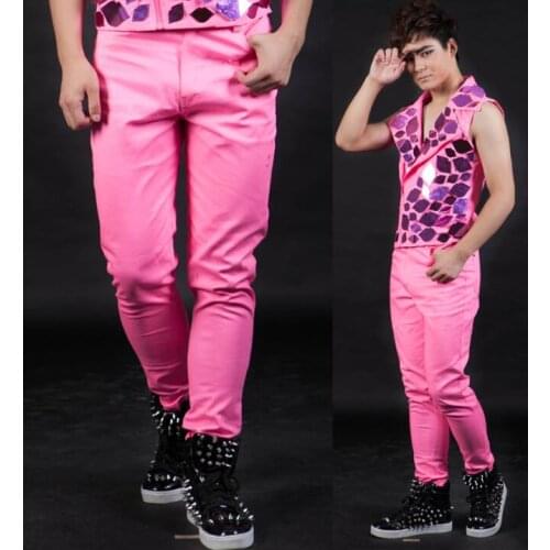 Original news stage personality men pants casual pant men feet trousers singer dance rock fashion pink pantalon homme european