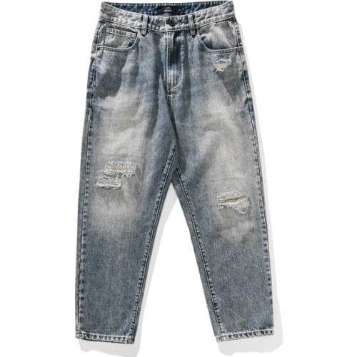 Autumn Trend of Student Casual Pants Street Style Frayed Light Blue Jeans Loose Jeans High-quality Cotton Mens Jeans