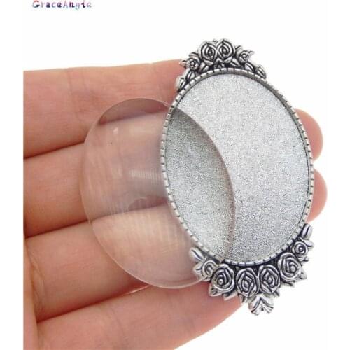 GraceAngie Retro Oval Antiqued Silver Brooch Bezel Set Flower Cabochon Brooch Pin Jewelry DIY Accessory Fit For 40*30mm Glass