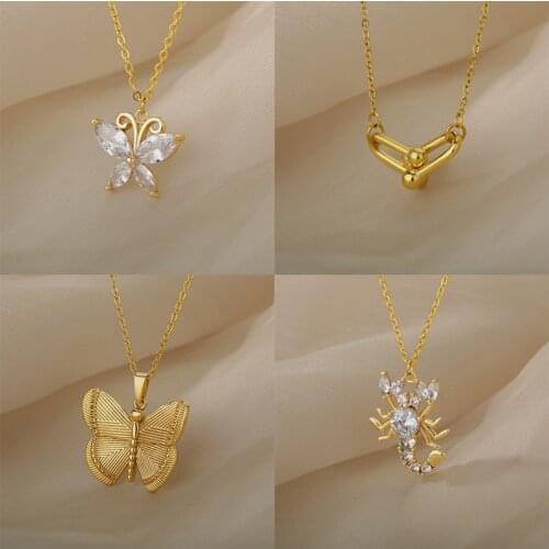 Cubic Zircon Butterfly Necklaces For Women Stainless Steel Butterfly Scorpion U-shaped Pin Tree Pendant Charm Necklace Jewelry