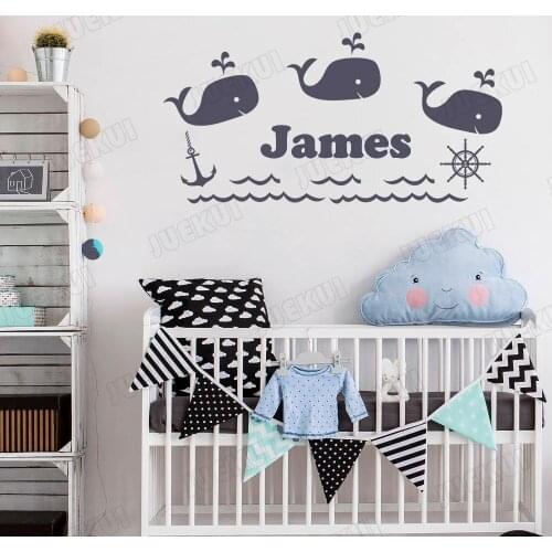 Nursery Personalized Boy Name Wall Decal Sea Whales Vinyl Wall Sticker with Custom name Wall Art Childrens Room Decal B101