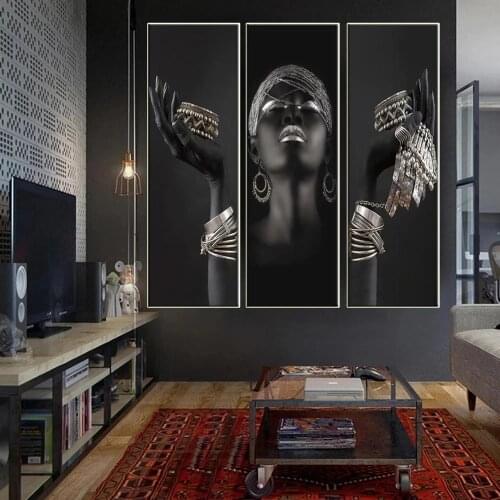 African woman art poster and canvas painting, gold jewelry wall art prints for home bedroom decoration
