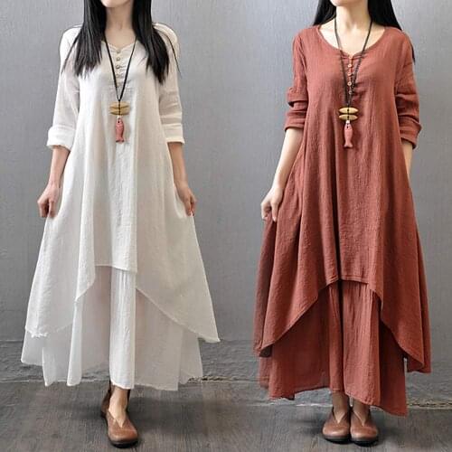 Big Size Maxi Dresses Women False Two-piece Long Sleeve Cotton Linen Dress Casual White Boho Oversized Summer Dress 4XL 5XL