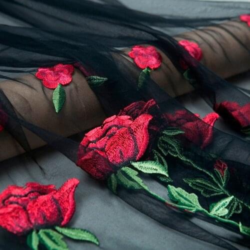 Romantic Embroidery Transparent Mesh Fabric, Rose Flowers, Black Color, Sewing, Fashion Dress Fabric,Wedding, Craft By The Yard