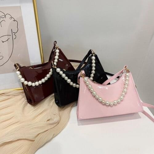 Luxury Womens Bags Brand PU Leather Shiny Pink Shoulder Crossbody Messenger Bag Ladies Pearl Chain Small Hobos Handbag Purse